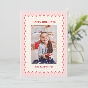 Rode Roze Gekartelde Streep Preppy Foto Kerstmis Feestdagenkaart
