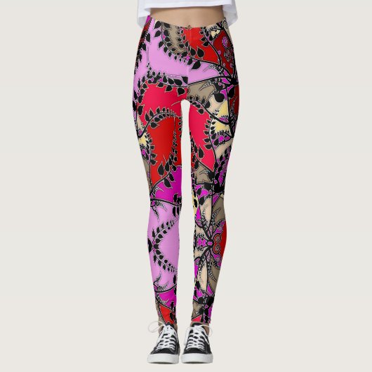Rode Roze Gele Zwarte Bladeren Abstract Leggings (Voorkant)