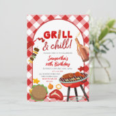 Rode roze Gingham verjaardags BBQ uitnodiging (Staand voorkant)