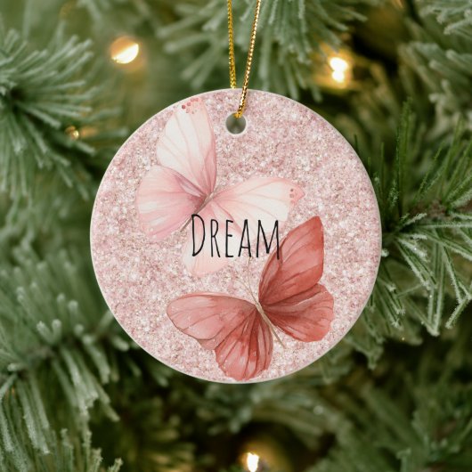 Rode Roze Glitterende Vlinders Kerstmis Keramisch Ornament (Boom)