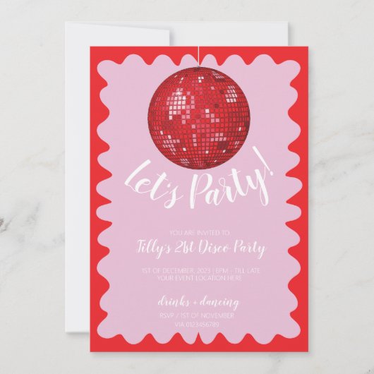 Rode roze golvende disco bal verjaardagsfeestje kaart (Voorkant)