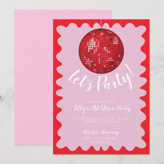 Rode roze golvende disco bal verjaardagsfeestje kaart (Voorkant / Achterkant)