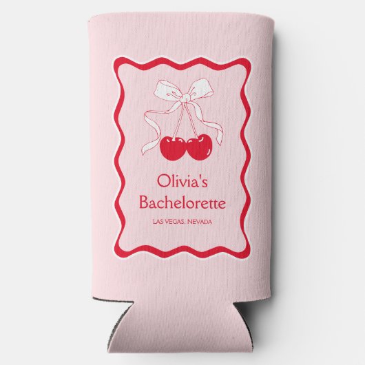 Rode Roze Golvende Kers Op Een Strik Vrijgezellenf Seltzer Blikjeskoeler (Achterkant)