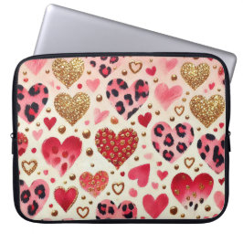 RODE ROZE GOUD VALENTIJNSHARTEN & LUIPAARDPRINT LAPTOP SLEEVE
