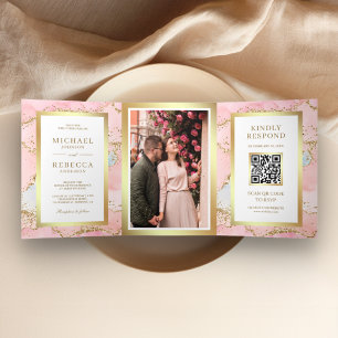 Rode Roze Gouden Folie Agate Marmer QR Code Bruilo Drieluik Uitnodiging