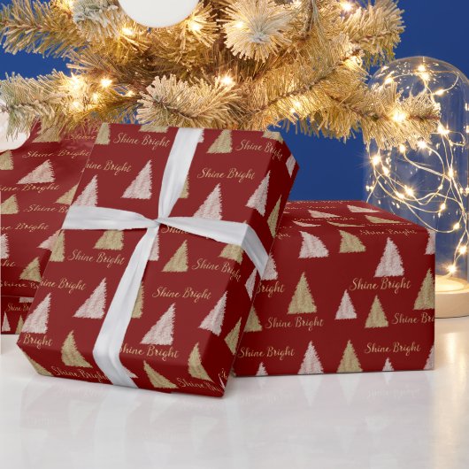 Rode Roze Gouden Glitter Glans Kerstbomen Cadeaupapier (Feestdagen)