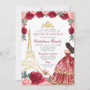 Rode Roze Gouden Tiara Parijs Quinceañera Uitnodig Kaart