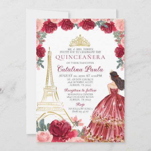 Rode Roze Gouden Tiara Paris Quinceañera Uitnodigi Kaart (Voorkant)