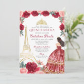 Rode Roze Gouden Tiara Paris Quinceañera Uitnodigi Kaart (Staand voorkant)