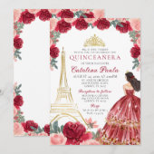 Rode Roze Gouden Tiara Paris Quinceañera Uitnodigi Kaart (Voorkant / Achterkant)