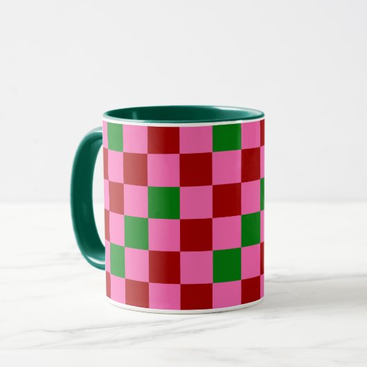 Rode Roze Groene Geruite Patroon Ontwerp Mok (Voorkant links)