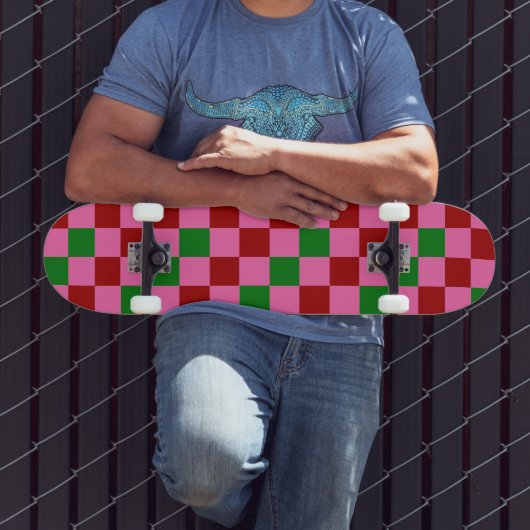 Rode Roze Groene Geruite Patroon Ontwerp  Persoonlijk Skateboard (Buiten 3)