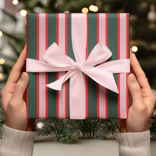 Rode, Roze & Groene Streep Cadeaupapier