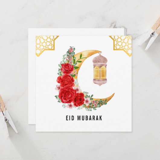 Rode Roze Halvemaan Maan Eid Mubarak Kaart (Voorkant / Achterkant in situ)