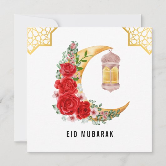 Rode Roze Halvemaan Maan Eid Mubarak Kaart (Voorkant)