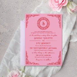 Rode Roze Handgetekende Kant Vintage Monogram Kaart