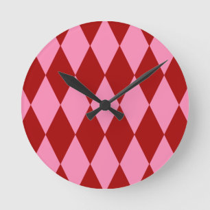 Rode Roze Harlekijn Geruit Ontwerp Ronde Klok