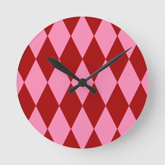 Rode Roze Harlekijn Geruit Ontwerp  Ronde Klok (Voorkant)