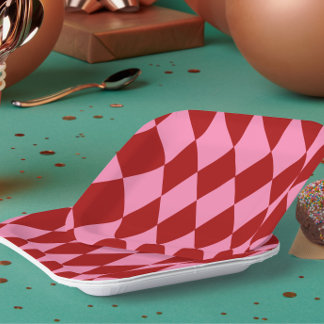 Rode Roze Harlekijn Geruite Ontwerp Papieren Bordje