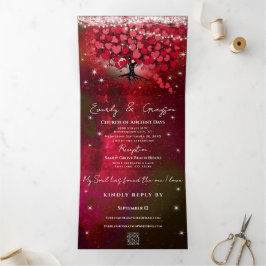 Rode & Roze Hartblad Boom op Zwarte Trouw Drieluik Uitnodiging