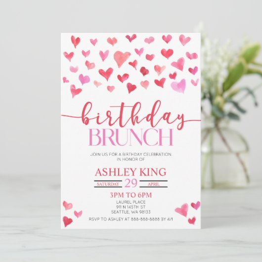 Rode roze harten Birthday Brunch Party Kaart (Staand voorkant)