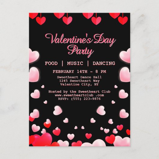 Rode Roze Harten Valentijnsfeest Eten Muziek Danse Feestdagenkaart (Voorkant)