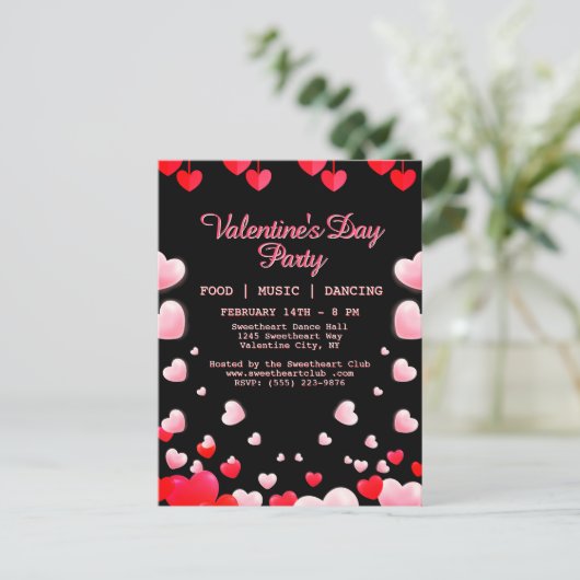 Rode Roze Harten Valentijnsfeestje Eetmuziek Dans Feestdagenkaart (Staand voorkant)