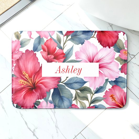Rode Roze Hibiscus Bloemen Tropisch Badmat