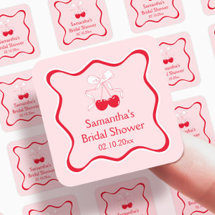 Rode Roze Kers Op Top Boog Bruidsfeest Favorietje Vierkante Sticker