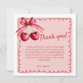 Rode & Roze Kersen Gegolfde Rand Coquette Strik Bedankkaart (Voorkant)
