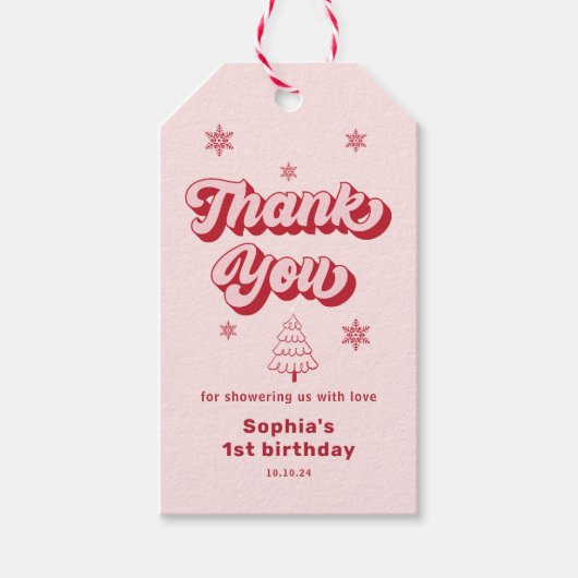 Rode Roze Kerst Verjaardag Dank Je Wel Favorietges Cadeaulabel (Voorkant)