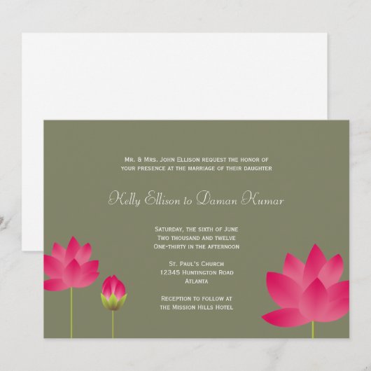 Rode roze lotus bloemen moderne thee groene bruilo kaart (Voorkant / Achterkant)