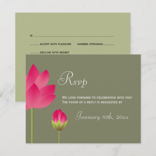 Rode roze lotus groene bruiloft rsvp reactie kaart (Voorkant / Achterkant)