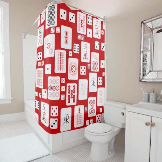 Rode Roze Mahjong Chinese tegels Spel Aziatisch Douchegordijn (In situ)