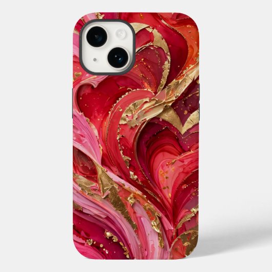 Rode & Roze Marmer Gouden iPhone 14 Hoesje (Achterkant)