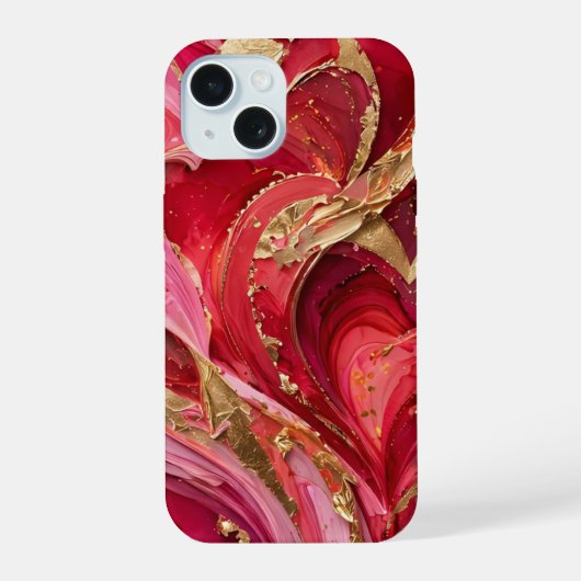 Rode & Roze Marmer Gouden iPhone 15 Hoesje (Achterkant)