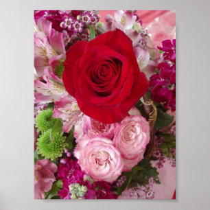 Rode roze met gesorteerde bloemen en Rozen afdrukk Poster