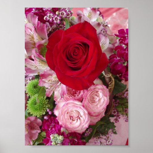 Rode roze met gesorteerde bloemen en Rozen afdrukk Poster (Voorkant)