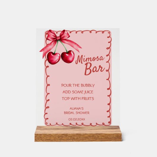 Rode & Roze Mimosa Bar Cherry Vrijgezellenfeest Acryl Bord (Voorkant)