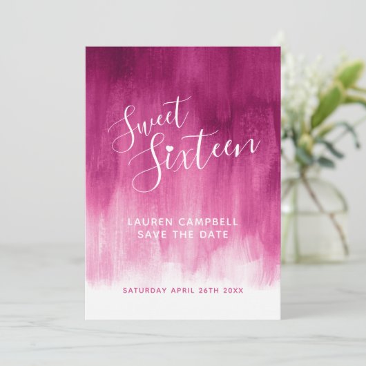 Rode roze moderne kunst, zestien jaar oud save the date (Staand voorkant)