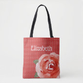 Rode roze op rode en witte pokadots tote bag (Voorkant)