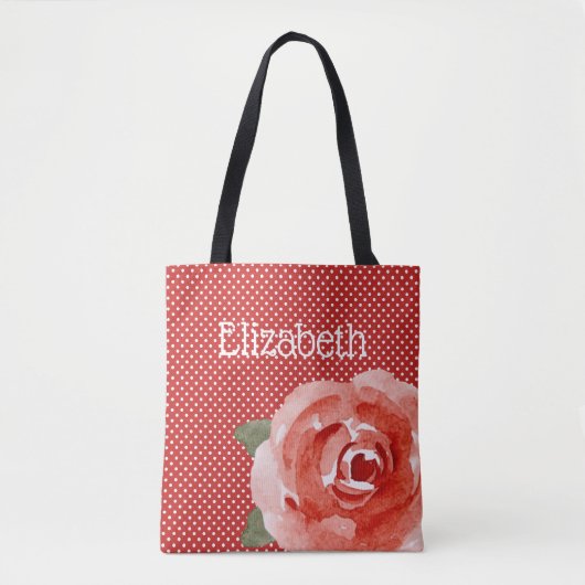 Rode roze op rode en witte pokadots tote bag (Voorkant)