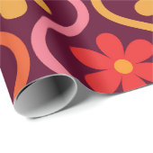 Rode Roze Oranje Bloemen op Vintage Ogee Patroon Cadeaupapier (Rol Hoek)