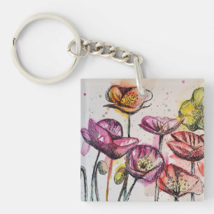 Rode roze Paarse papaverbloemen papaver Sleutelhanger