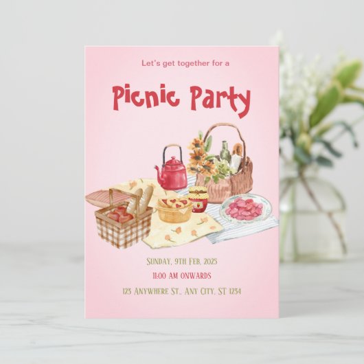 Rode Roze Picknick Feest Uitnodiging (Staand voorkant)