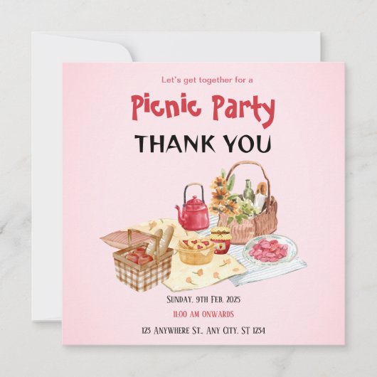 Rode Roze Picknickfeest Bedankkaart (Voorkant)
