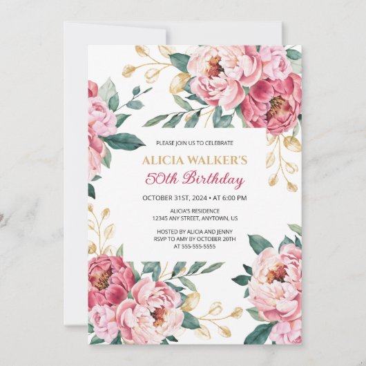 Rode Roze Pioen Bloemen Goud Blad Groen Verjaardag Kaart (Voorkant)