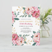 Rode Roze Pioen Bloemen Goud Blad Groen Verjaardag Kaart (Staand voorkant)