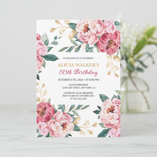 Rode Roze Pioen Bloemen Goud Blad Groen Verjaardag Kaart (Staand voorkant)