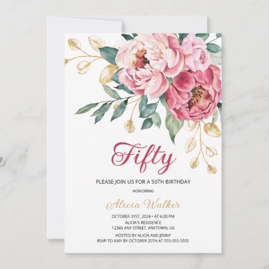 Rode Roze Pioen Goud Blad Rustieke Bloemen Verjaar Kaart (Voorkant)